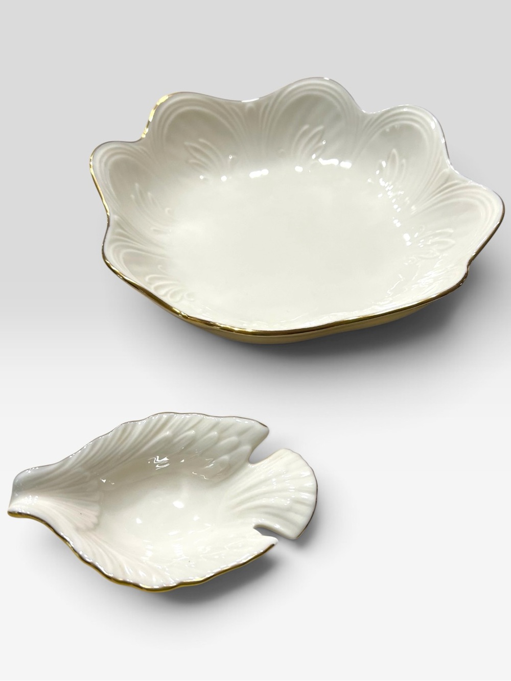 Vintage Lenox Ivory Porcelain Dove Dish & Scalloped Bowl Set - 24K Gold Trim